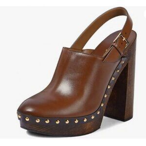 Brown Closed Toe Studded Clog Platform Slingback Buckle Strap Block Heels Pumps